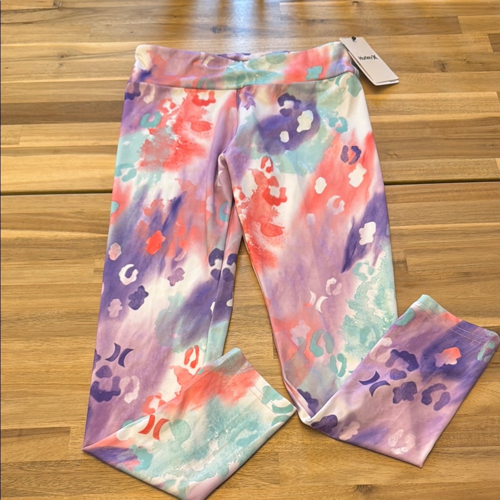 NWT! Hurley Purple and Pink Leggings with Vibrant Tie-Dye Design